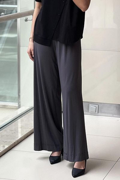 Ceremony Wide Leg Bamboo Trousers with Fold Stitching and Elastic Waist