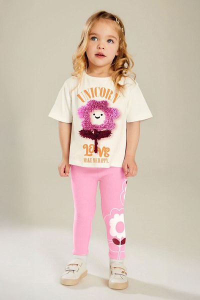 Minigimin Cicileri Mini Girl's Uncrn Flower Detailed Girl's Leggings Set - Pink