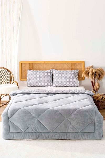 Rivaİstanbul Gray Geometric Loura Single Double Sided Luxury Wellsoft Quilt Set 155X215 cm