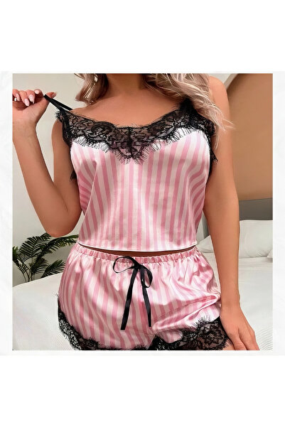 NUİTAMORE Pink Striped Satin Lace Shorts Set - Stylish and Comfortable Home Wear