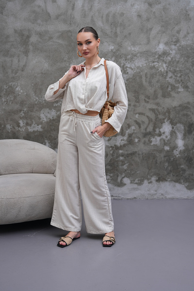 Cebby Keten Oversize Alt Üst Bej Takım