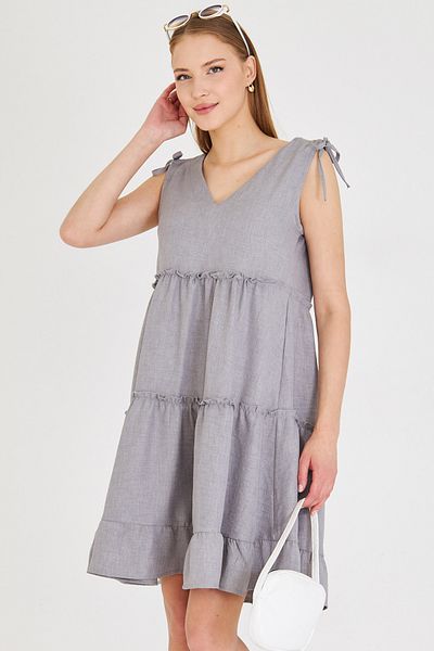 armonika Women's Gray V Neck Ruffle Sleeveless Shoulder Tie Dress Arm-25Y001061