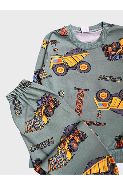 tusem butik homewear Boys' Cotton Green Business Machine Scoop Pattern Long Sleeve Seasonal Pajamas Set