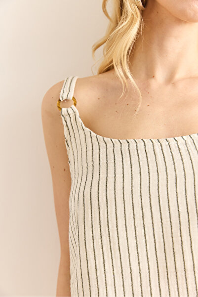 Olalook Women's Khaki Ring Accessory Striped Muslin Bell Blouse Blz-19002958