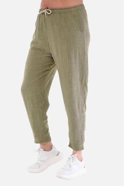 CEDY DENIM Women's Summer Khaki Synthetic Linen Look High Waist Narrow Leg Lace-Up Plus Size Mom Pants