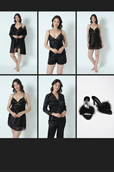 mdm style Kadın siyah Saten Çeyiz Set 6 Parça Dantelli Sab. Gec. Pijama Şortlu Tk.+Terlikli çeyiz set
