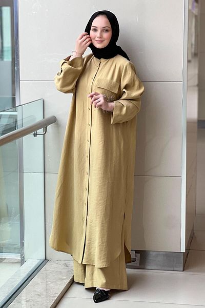 Nurcan Çetin Pocket Embroidered Judge Collar Long Shirt Pants Set