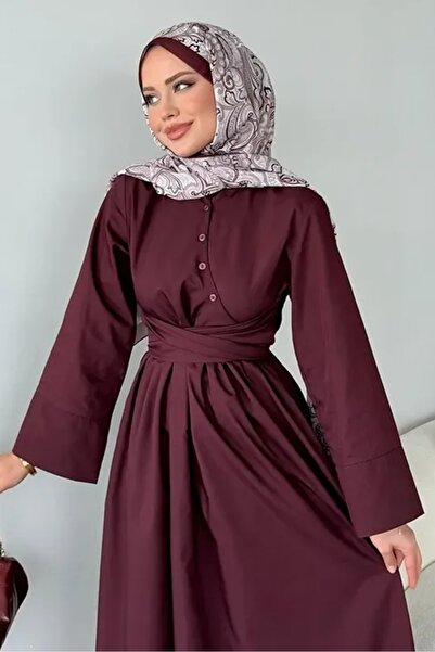 Bestenur Seliz Side Buttoned Dress 1528 - Claret Red