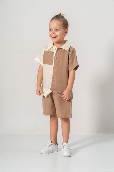 MeaShop Boy's Summer/Easter Muslin Fabric Shirt Shorts Set
