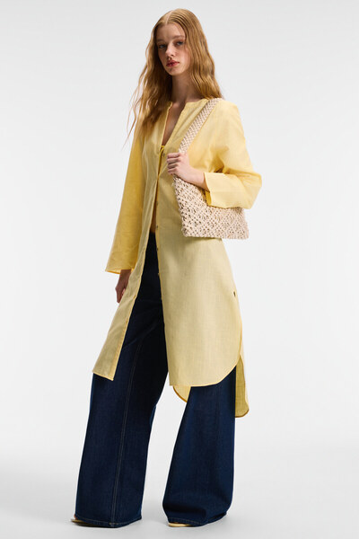 GRIMELANGE Acallar women's 100% cotton linen look casual long oversize fit yellow dress