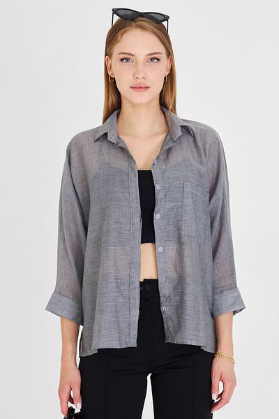 armonika Women's Anthracite Pocketed Loose Linen Shirt Arm-21Y001035