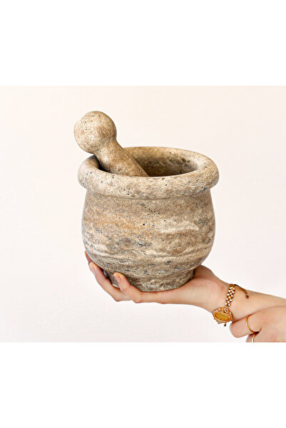 marbelix Terra XL Ultra Büyük Geniş (5kg) (20cm) Şef Havanı - Traverten Mermer Havan Seti - Sarımsak Dövücü