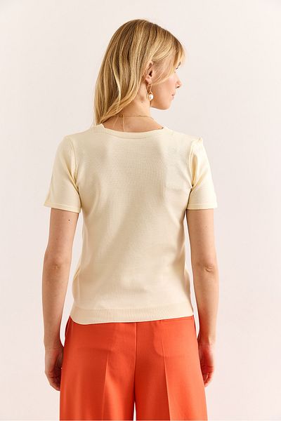 Olalook Women's Ecru V-Neck Short Sleeve Basic Knitwear Blouse Blz-19002982