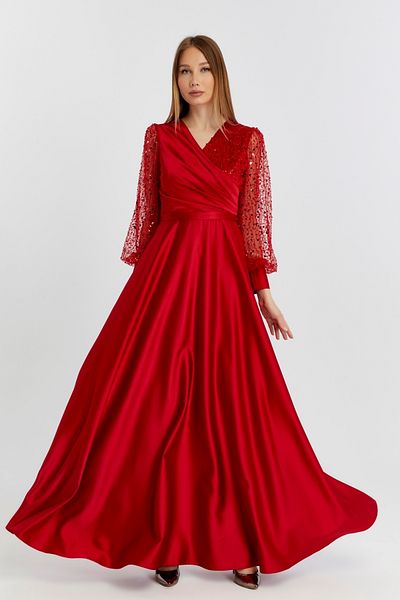 Asees Women's Evening Dress and Graduation Double-Breasted Collar Dress Red Satin Fabric and Pearl Beaded Tulle Evening Dress