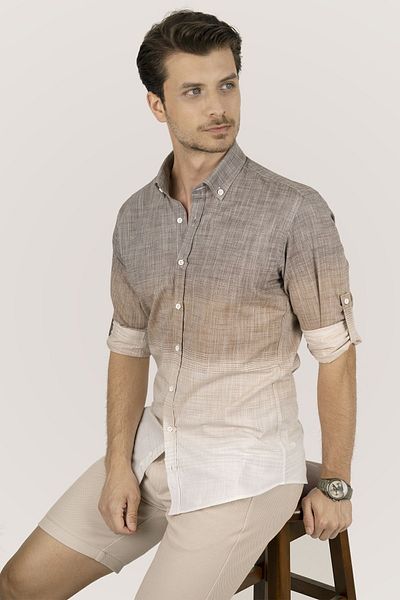 Etikmen Καφέ Μπεζ Transitional Slimfit λινό πουκάμισο με πάνελ