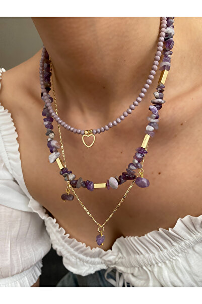 Lucky Designs Gold Doğal Taş Detay Üçlü Set Kolye/ Kadın Çoklu Set Kolye/ Yaz...