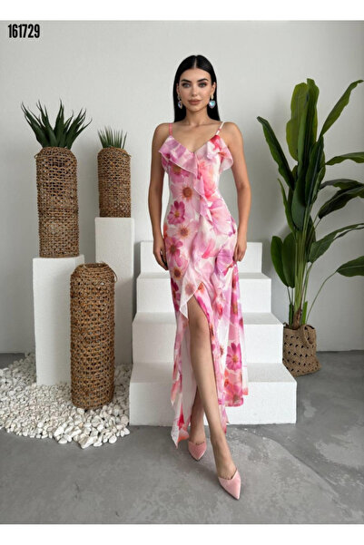 Modayakamoz Kadın Pembe Çiçek Desenli Uzun Elbise V Yaka FırFır Detaylı Yırtm...