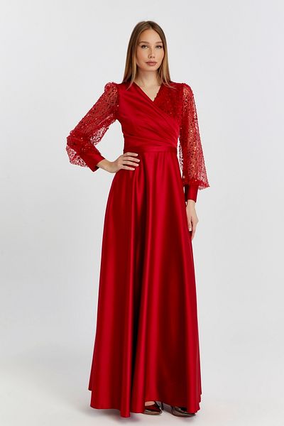 Asees Women's Evening Dress and Graduation Double-Breasted Collar Dress Red Satin Fabric and Pearl Beaded Tulle Evening Dress