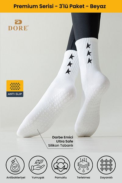 Dore Original New Season Unisex 3 Pairs Non-Slip Pilates and Yoga Anti-Slip Sole Socks White