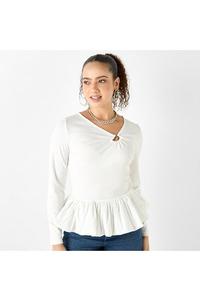 FAV Metal Accent Peplum Top with Long Sleeves