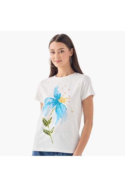 FAV Embellished Crew Neck T-shirt with Short Sleeves