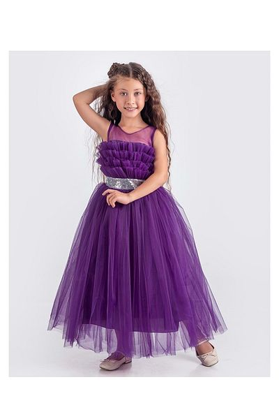 Mnk Baby&Kids Rochie de seara din satin model Sapes pentru fete - cu spate si tul, bretele MNK0618 MOV