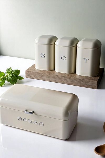 Sevinse Home Cream Metal Bread Box and Three Tea Coffee Sugar Storage Container