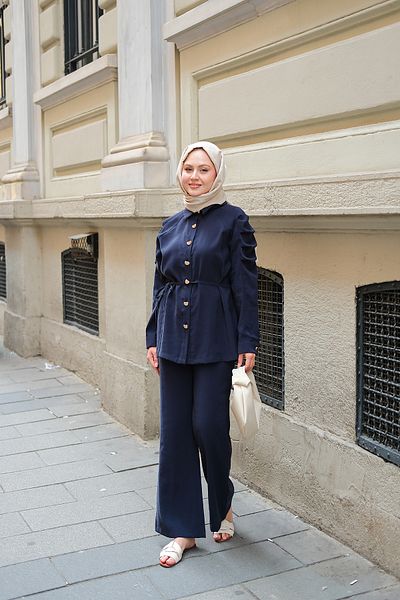 LOCCO Women's Sleeve Pleated Modal Suit Navy Blue