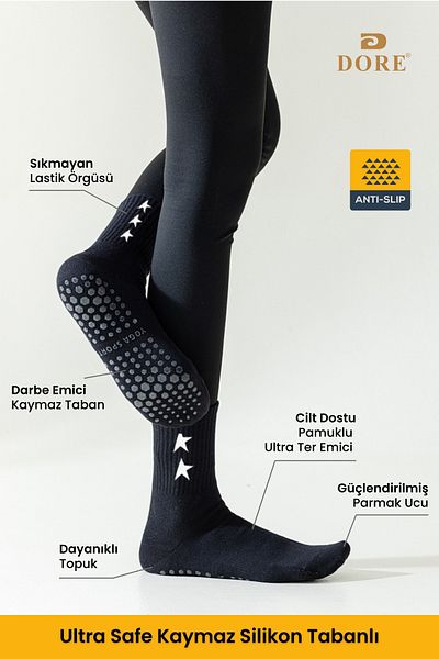 Dore Original New Season Premium Unisex 3 Pairs Non-Slip Pilates and Yoga Non-Slip Sole Socks Black