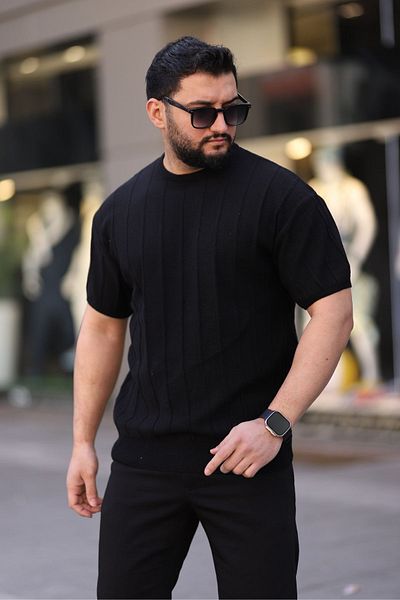 Trendseninle Μαύρο-Άσπρο Σετ 3 τεμαχίων Μωβ Τιράντα Με Κυκλικό Λαιμόκοψη Τραβηγμένο Πλεκτό Κοντομάνικο Μπλουζάκι