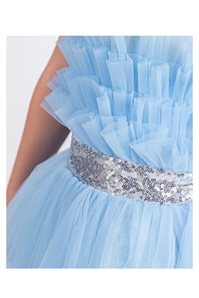 Mnk Baby&Kids Rochie de seara din satin model Sapes pentru fete - cu spate si tul, bretele, BABY BLUE MNK0618