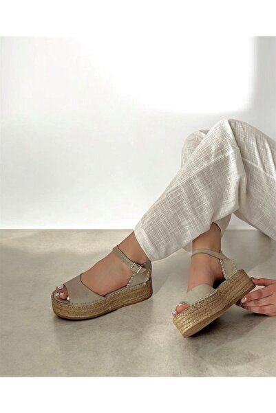 Saracshoes Gerçek Deri Süet Bej Kadın Espadril Wicker