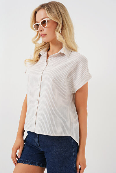 Bigdart Women's Striped Short Sleeve Shirt 20324 - Cream