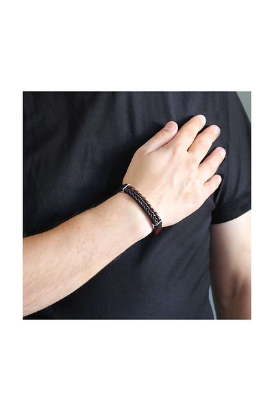 Tesbihane Straw Design Kuka Embroidered Brown Steel-Leather Combination Men's Bracelet104000350