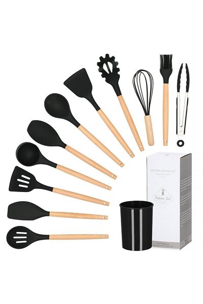 Springos Set ustensile de bucatarie Springos, 12 elemente, silicon / bambus, negru