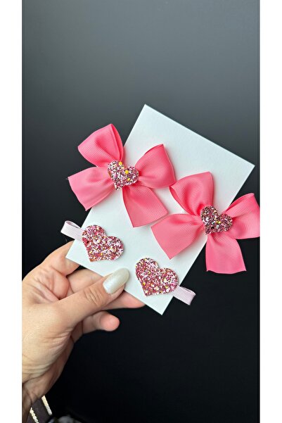 Toka Perisi Pembe Kız Çoçuk Bebek Kurdele Kalpli & kalp Klips toka seti