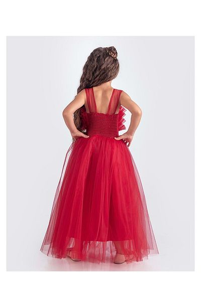 Mnk Baby&Kids Girl's Red Satin Evening Dress - Sapes Model, Back with Guipes and Tulle, Straps Mnk0618
