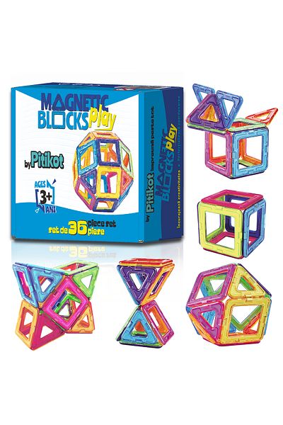 Pitikot Set de construit cu piese magnetice Pitikot®, Puzzle magnetic cu forme patrate si triunghiuri