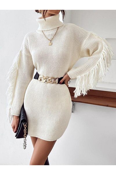 butaelle butik Women's Knitwear Mink Dress Tunic Long Sleeve Knitted Turtleneck Handkerchief Collar
