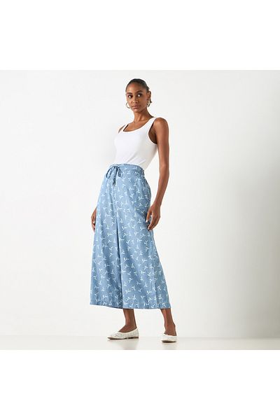 FAV Printed Denim Culottes with Drawstring Waistband and Pockets