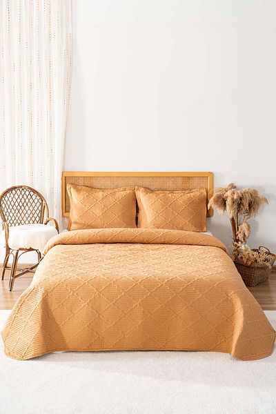 Rivaİstanbul Edda Mustard Embroidered Double Bed Cover Set 3 Piece Sleeping Set