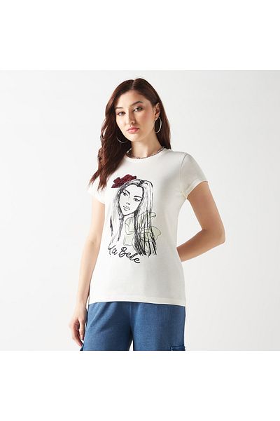 FAV Slogan Print Crew Neck T-shirt with Short Sleeves