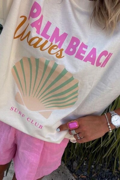 GIA - ART Γυναικείο καλοκαιρινό μπλουζάκι με στάμπα Palm Beach, πολύχρωμο ove...