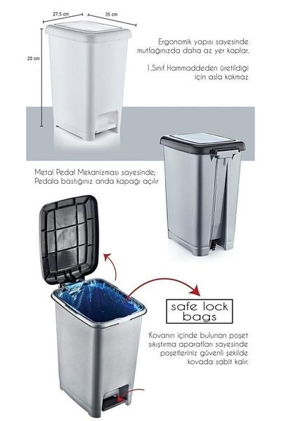 Omnipazar Sy4280 10 Lt Slim Pedal Gray Plastic Trash Can Black Lid