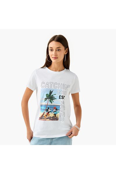 SP Characters Mickey Mouse and Minnie Mouse Print Crew Neck T-shirt
