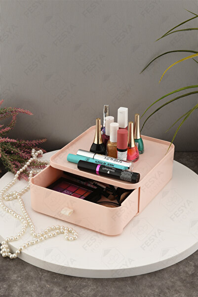 Fesya Home منظم مكياج من طبقة واحدة من ESTA، منظم أدراج متعدد الأغراض باللون الوردي