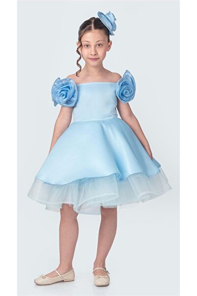 Mnk Baby&Kids Fanari Krep Saten Gren Destekli Kız Abiye M00735 MAVİ