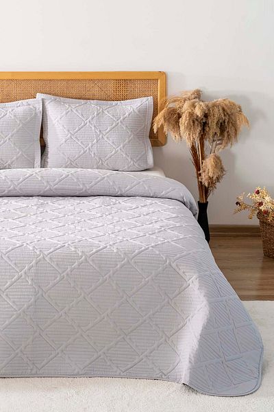 Rivaİstanbul Edda Gray Embroidered Double Bed Cover Set 3 Piece Sleeping Set