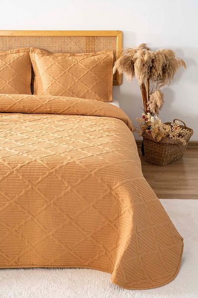 Rivaİstanbul Edda Mustard Embroidered Double Bed Cover Set 3 Piece Sleeping Set