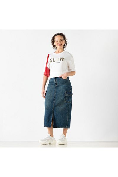 FAV Embellished Round Neck T-shirt with Short Sleeves